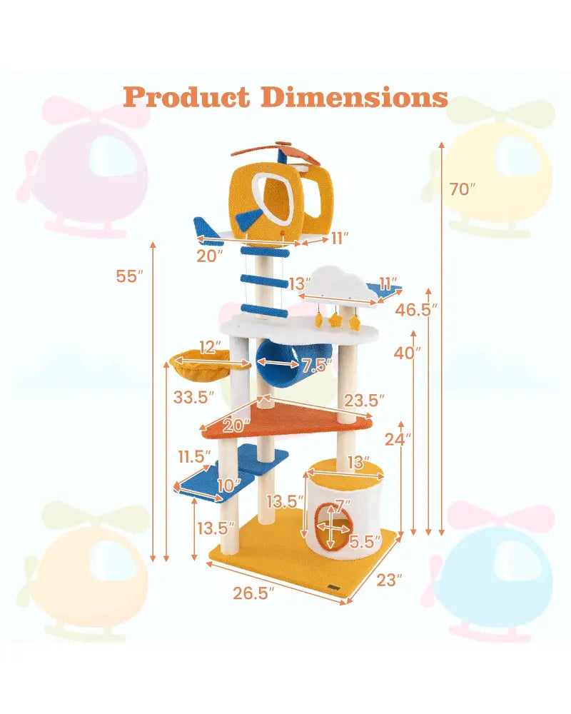 70 Inch Tall Aviation-themed Cat Tree with Helicopter Top Perch and Platforms-Yellow - Yellow - Cat Trees Condos &