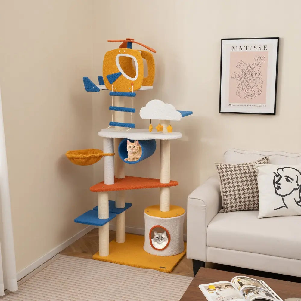 70 Inch Tall Aviation-themed Cat Tree with Helicopter Top Perch and Platforms-Yellow - Yellow - Cat Trees Condos &