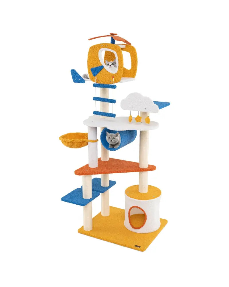 70 Inch Tall Aviation-themed Cat Tree with Helicopter Top Perch and Platforms-Yellow - Yellow - Cat Trees Condos &