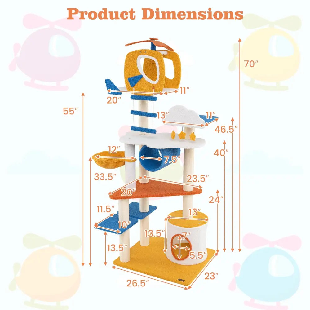 70 Inch Tall Aviation-themed Cat Tree with Helicopter Top Perch and Platforms-Yellow - Yellow - Cat Trees Condos &