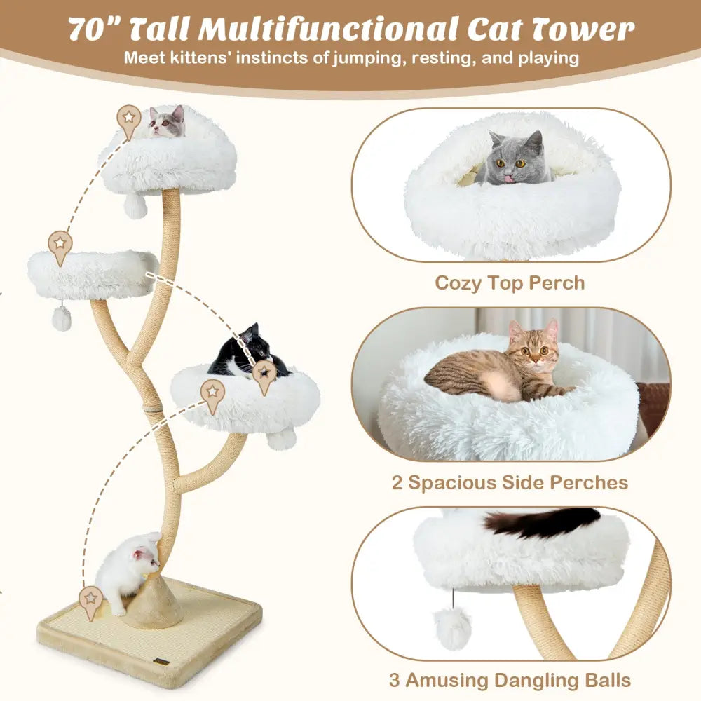 70 Inch Tall Cat Tree 4-Layer Cat Tower with 3 Perches and Dangling Balls-Beige - Beige - Cat Trees Condos & Scratchers