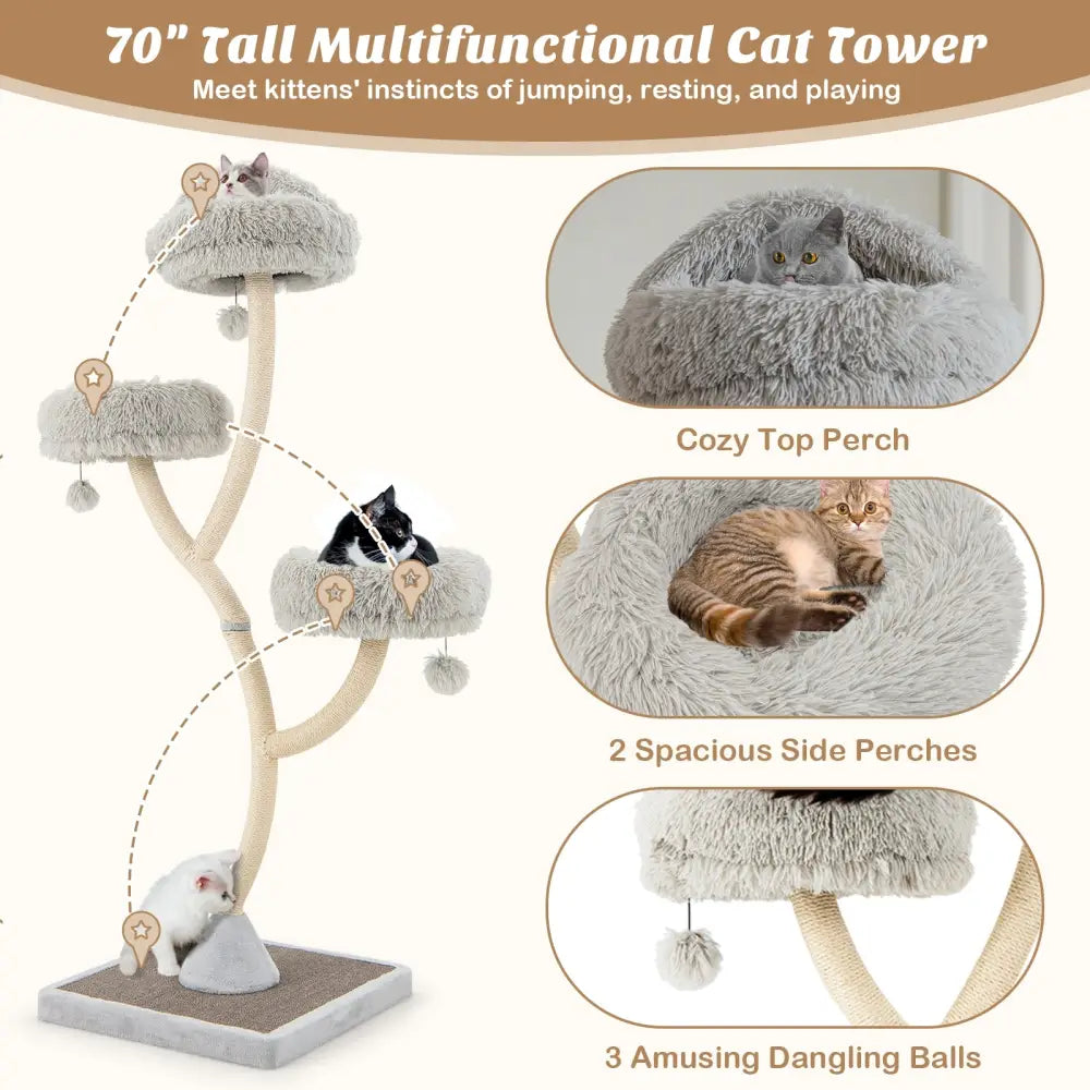 70 Inch Tall Cat Tree 4-Layer Cat Tower with 3 Perches and Dangling Balls-Gray - Gray - Cat Trees Condos & Scratchers