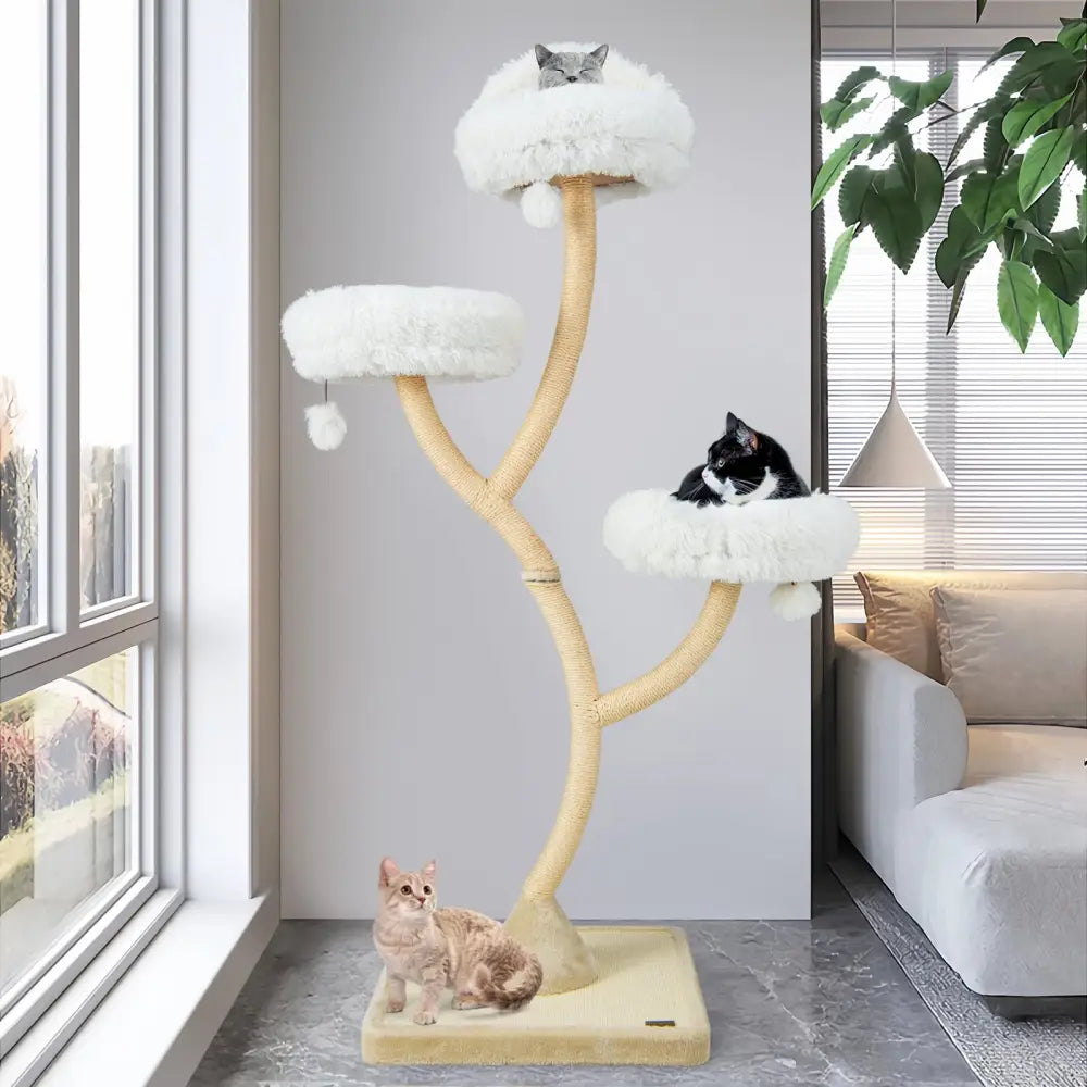 70 Inch Tall Cat Tree 4-Layer Cat Tower with 3 Perches and Dangling Balls-Beige - Beige - Cat Trees Condos & Scratchers