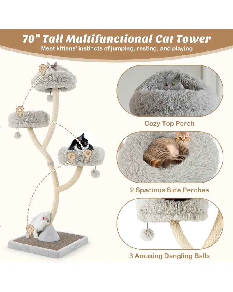 70 Inch Tall Cat Tree 4-Layer Cat Tower with 3 Perches and Dangling Balls-Gray - Gray - Cat Trees Condos & Scratchers
