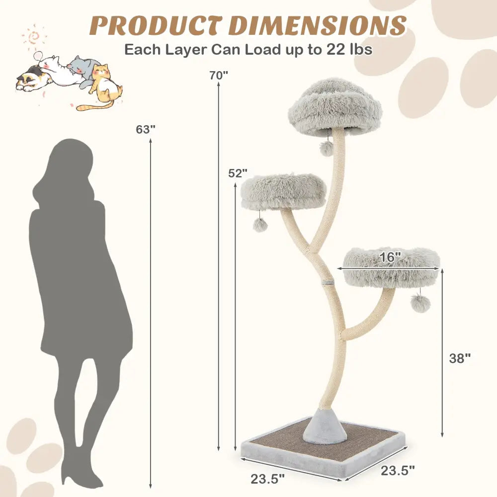 70 Inch Tall Cat Tree 4-Layer Cat Tower with 3 Perches and Dangling Balls-Gray - Gray - Cat Trees Condos & Scratchers