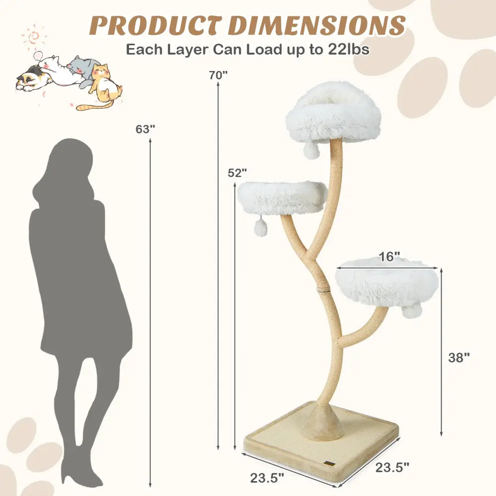 70 Inch Tall Cat Tree 4-Layer Cat Tower with 3 Perches and Dangling Balls-Beige - Beige - Cat Trees Condos & Scratchers