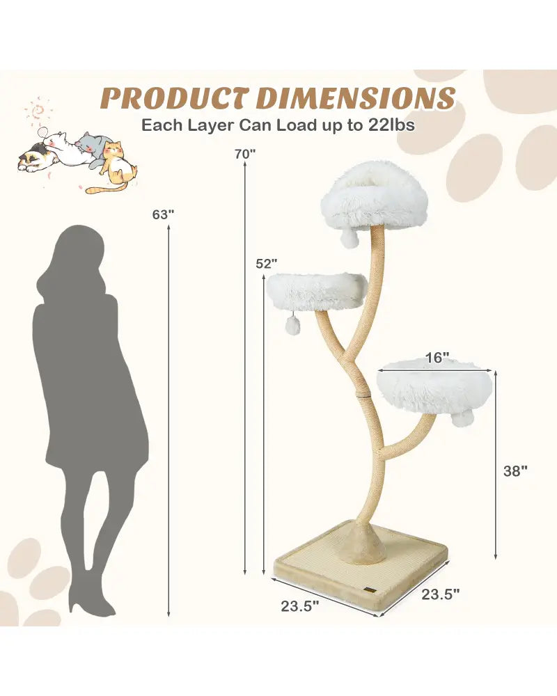 70 Inch Tall Cat Tree 4-Layer Cat Tower with 3 Perches and Dangling Balls-Beige - Beige - Cat Trees Condos & Scratchers
