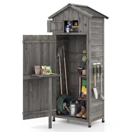 70 Inch Tall Garden Tool Storage Cabinet with Lockable Doors and Foldable Table-Grey - Gray - Sheds & Outdoor Storage