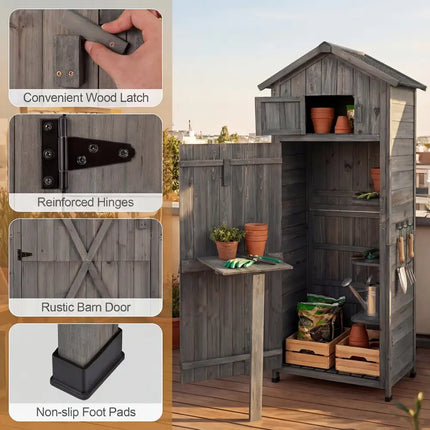70 Inch Tall Garden Tool Storage Cabinet with Lockable Doors and Foldable Table-Grey - Gray - Sheds & Outdoor Storage