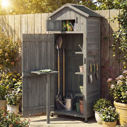 70 Inch Tall Garden Tool Storage Cabinet with Lockable Doors and Foldable Table-Grey - Gray - Sheds & Outdoor Storage