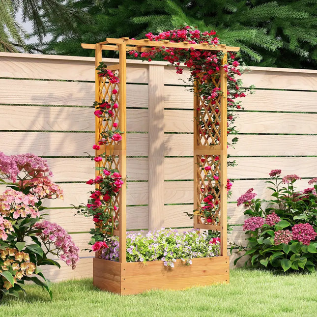 70 Inch Wooden Raised Garden Bed with Lattice Trellis-Natural - Natural - Raised Garden Beds
