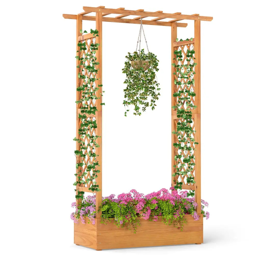 70 Inch Wooden Raised Garden Bed with Lattice Trellis-Natural - Natural - Raised Garden Beds