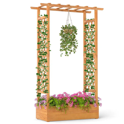 70 Inch Wooden Raised Garden Bed with Lattice Trellis-Natural - Natural - Raised Garden Beds