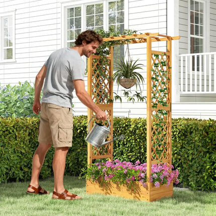 70 Inch Wooden Raised Garden Bed with Lattice Trellis-Natural - Natural - Raised Garden Beds