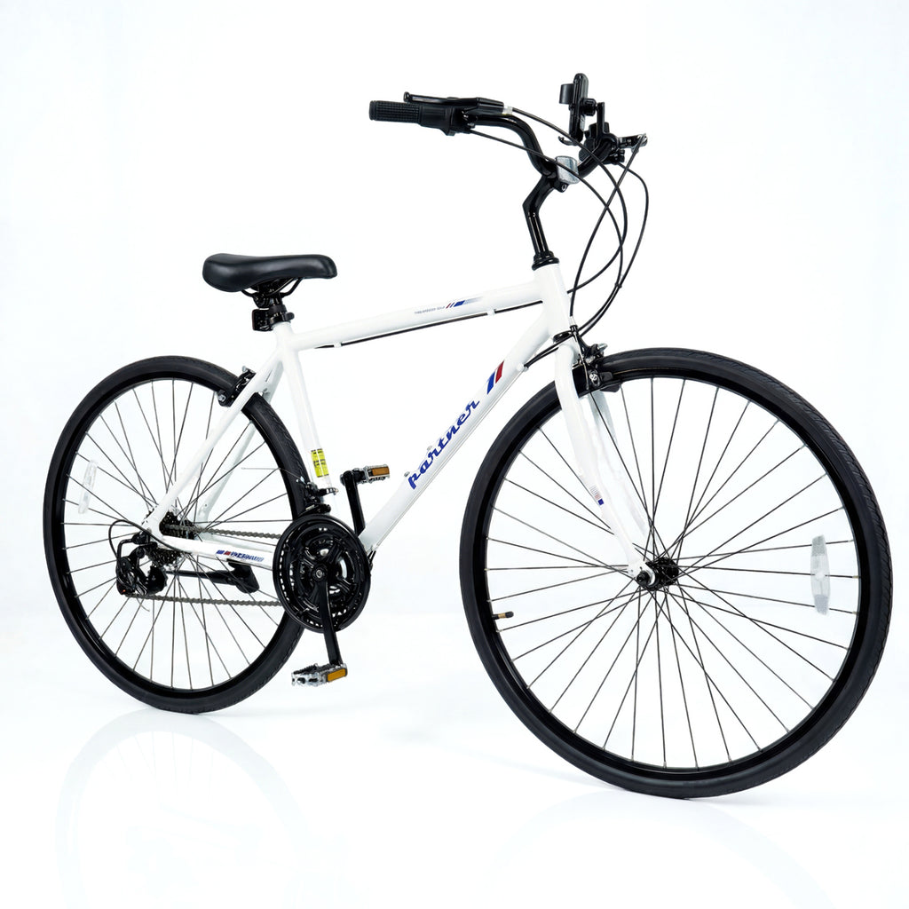 700C Hybrid Bike for Adult with 18-Speed Shimano Drivetrain and Phone Holder-White