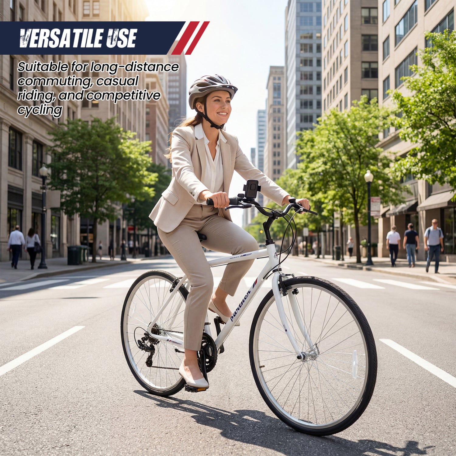 700C Hybrid Bike for Adult with 18-Speed Shimano Drivetrain and Phone Holder-White