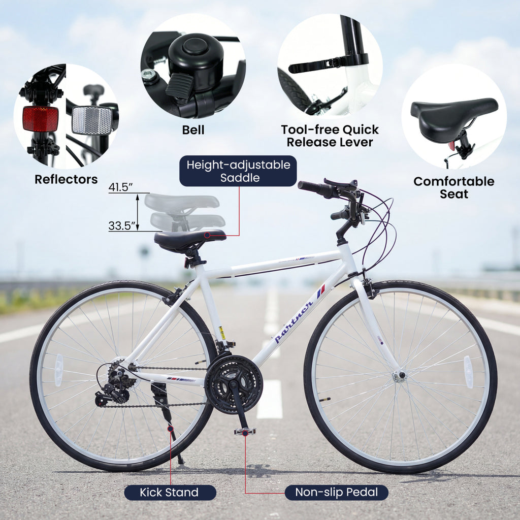 700C Hybrid Bike for Adult with 18-Speed Shimano Drivetrain and Phone Holder-White