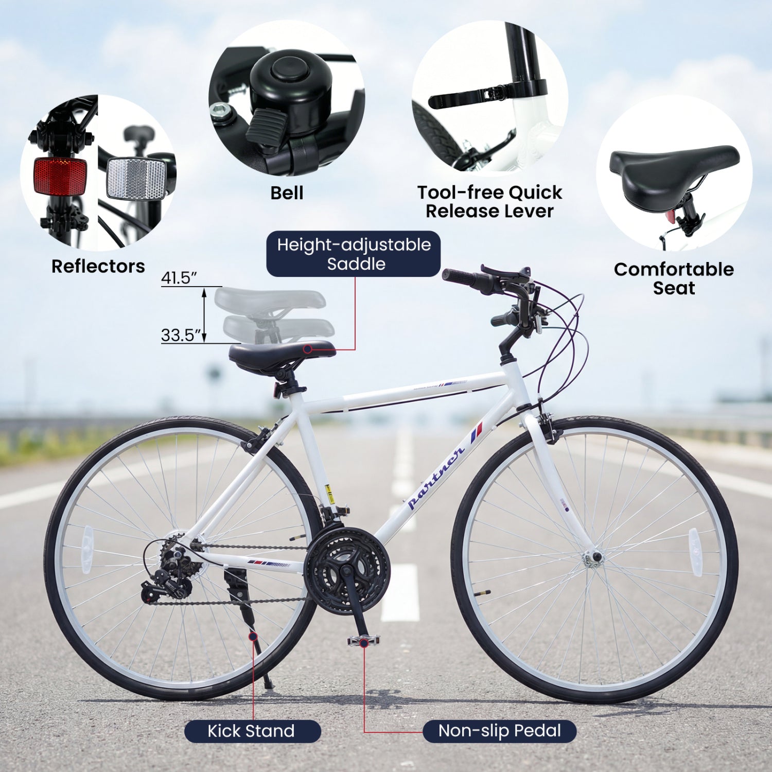 700C Hybrid Bike for Adult with 18-Speed Shimano Drivetrain and Phone Holder-White