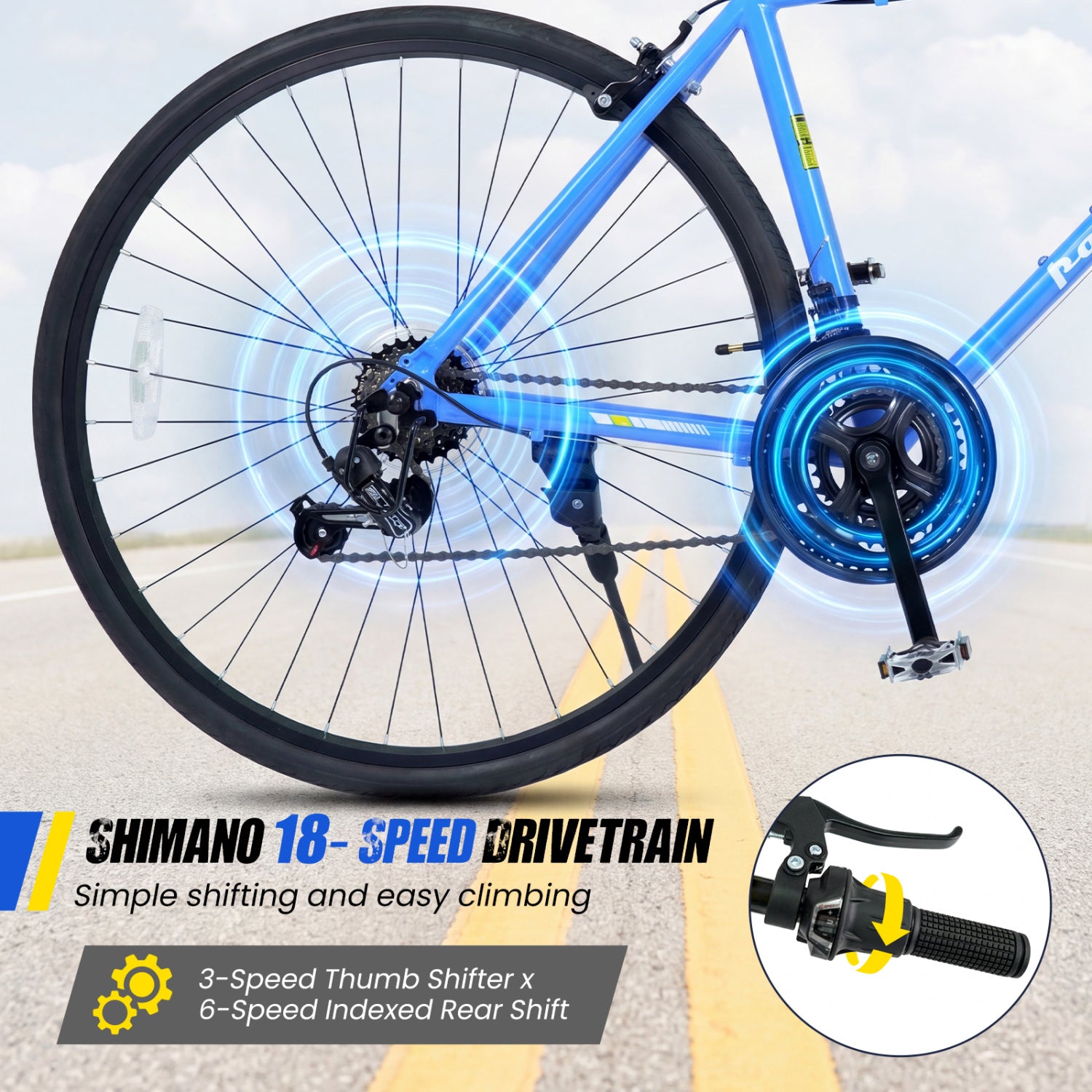 700C Hybrid Bike for Adult with 18-Speed Shimano Drivetrain and Phone Holder-Blue
