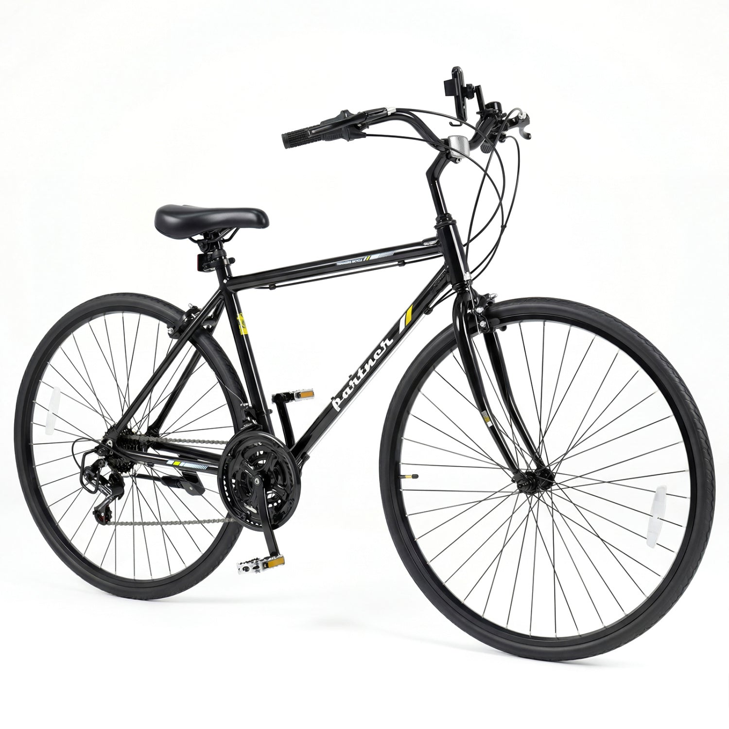 700C Hybrid Bike for Adult with 18-Speed Shimano Drivetrain and Phone Holder-Black