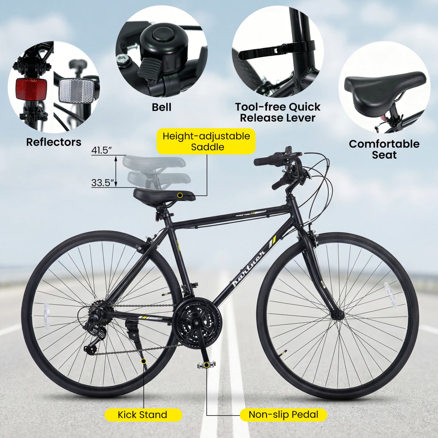700C Hybrid Bike for Adult with 18-Speed Shimano Drivetrain and Phone Holder-Black