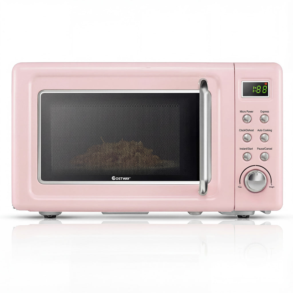 700W Retro Countertop Microwave Oven with 5 Micro Power and Auto Cooking Function-Pink