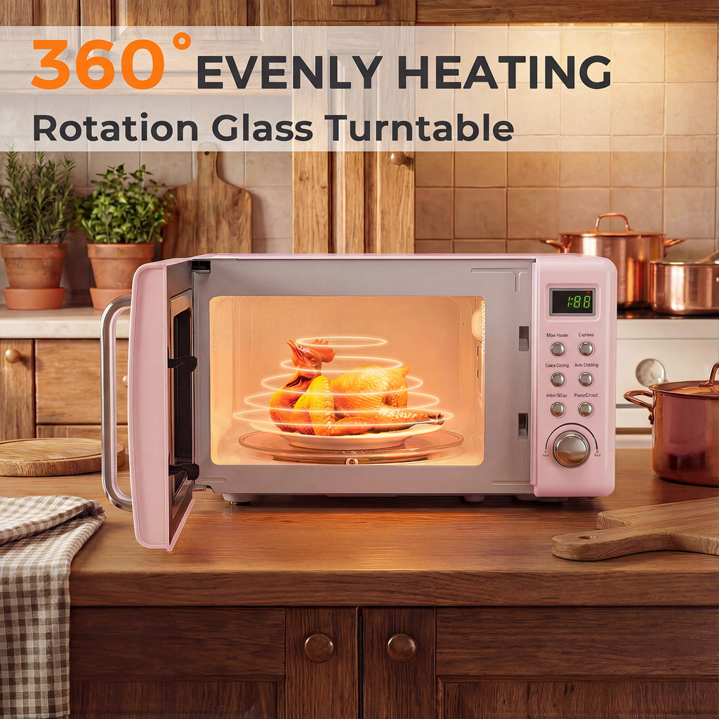 700W Retro Countertop Microwave Oven with 5 Micro Power and Auto Cooking Function-Pink