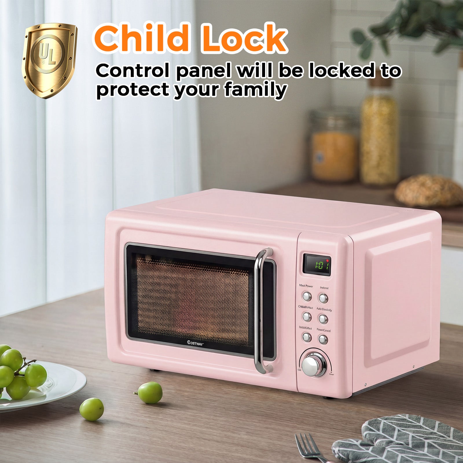 700W Retro Countertop Microwave Oven with 5 Micro Power and Auto Cooking Function-Pink