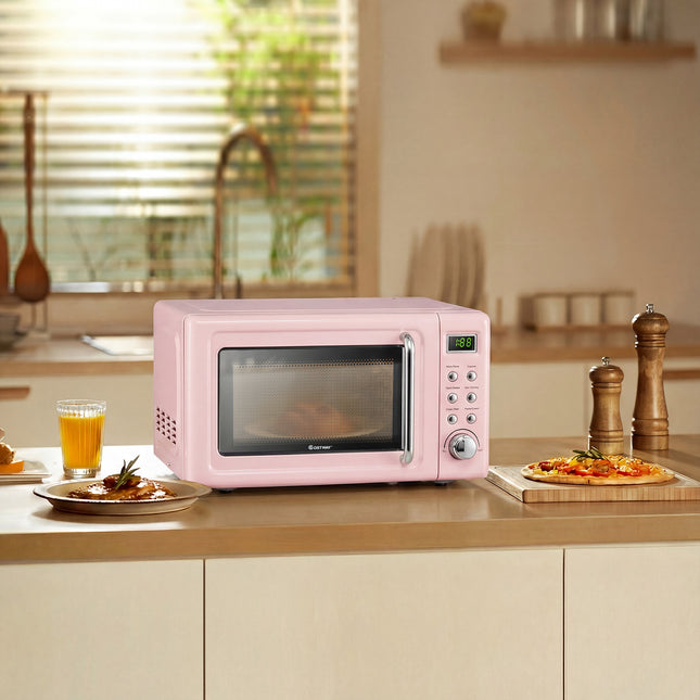 700W Retro Countertop Microwave Oven with 5 Micro Power and Auto Cooking Function-Pink