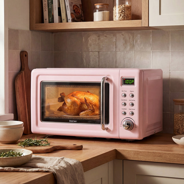 700W Retro Countertop Microwave Oven with 5 Micro Power and Auto Cooking Function-Pink