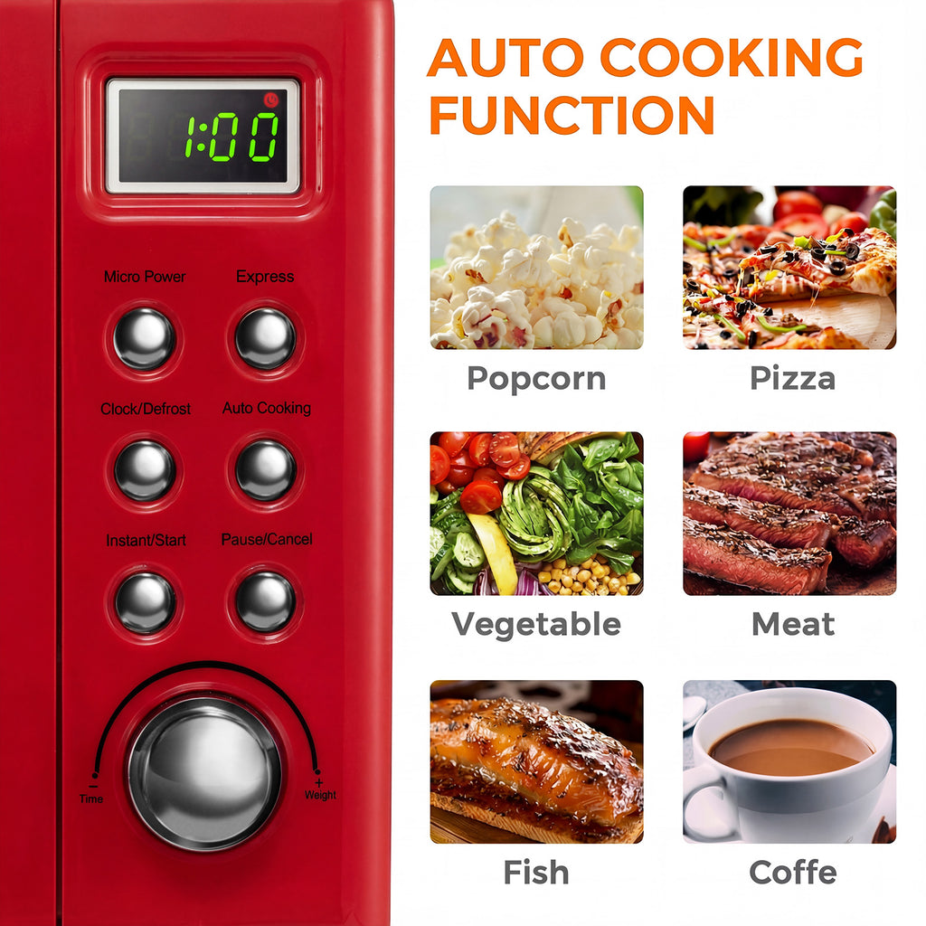 700W Retro Countertop Microwave Oven with 5 Micro Power and Auto Cooking Function-Light Red