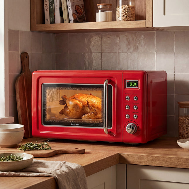 700W Retro Countertop Microwave Oven with 5 Micro Power and Auto Cooking Function-Light Red