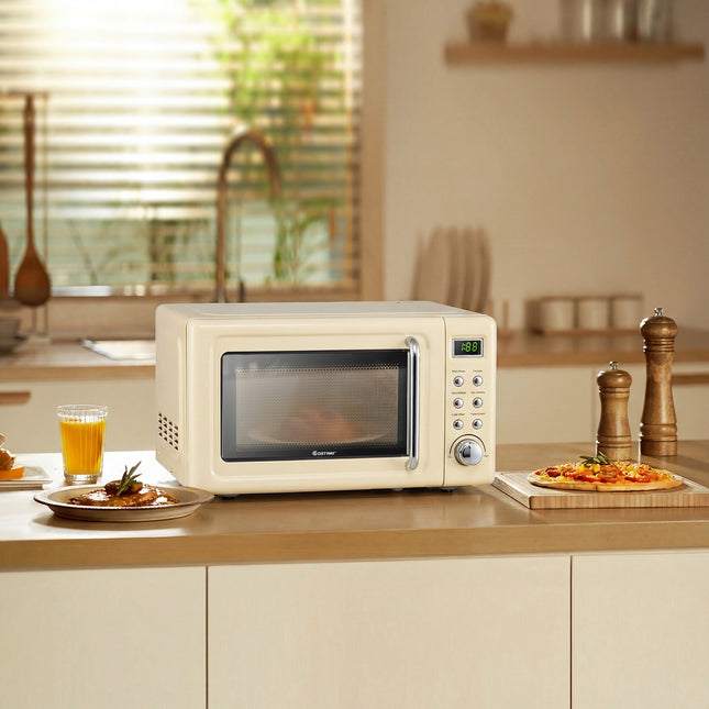 700W Retro Countertop Microwave Oven with 5 Micro Power and Auto Cooking Function-Cream White