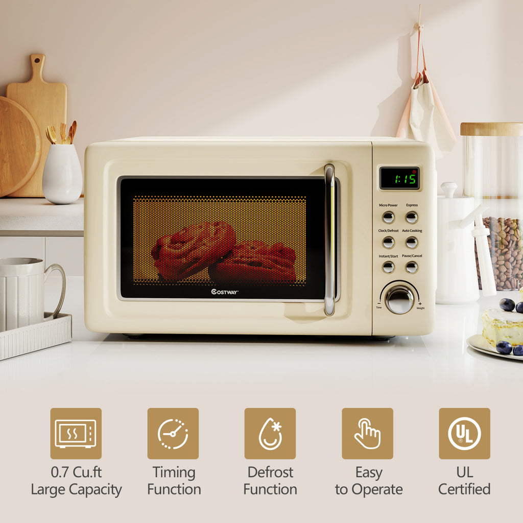 700W Retro Countertop Microwave Oven with 5 Micro Power and Auto Cooking Function-Cream White