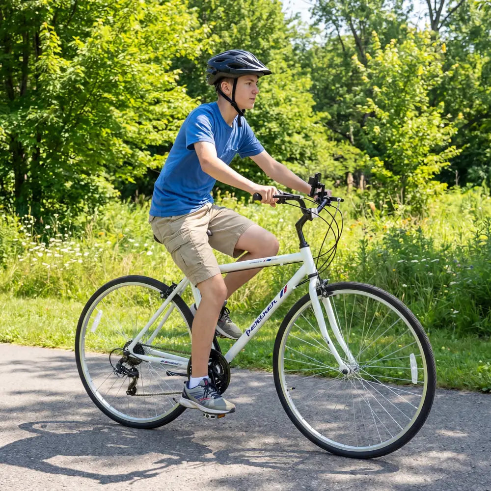 700C Hybrid Bike for Adult with 18-Speed Shimano Drivetrain and Phone Holder-White - White - Kids Bike