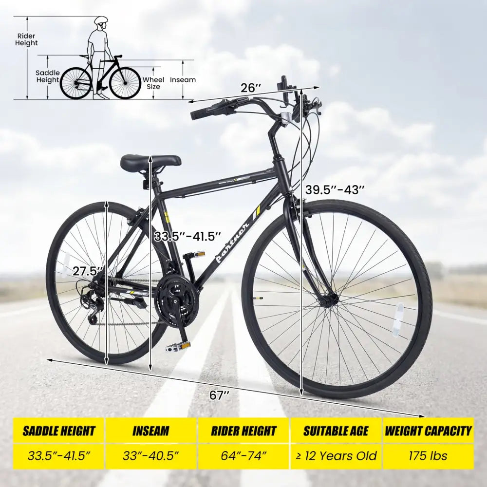 700C Hybrid Bike for Adult with 18-Speed Shimano Drivetrain and Phone Holder-Black - Black - Kids Bike