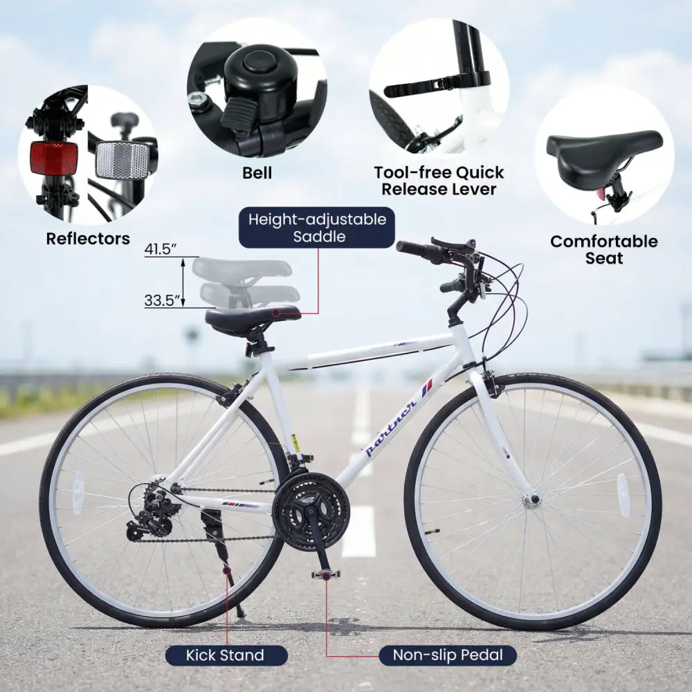 700C Hybrid Bike for Adult with 18-Speed Shimano Drivetrain and Phone Holder-White - White - Kids Bike