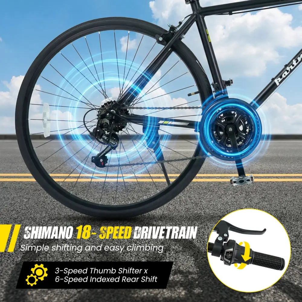 700C Hybrid Bike for Adult with 18-Speed Shimano Drivetrain and Phone Holder-Black - Black - Kids Bike