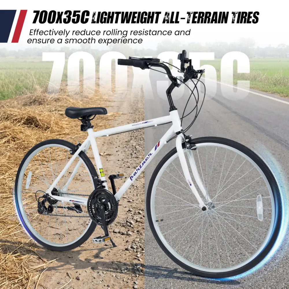 700C Hybrid Bike for Adult with 18-Speed Shimano Drivetrain and Phone Holder-White - White - Kids Bike