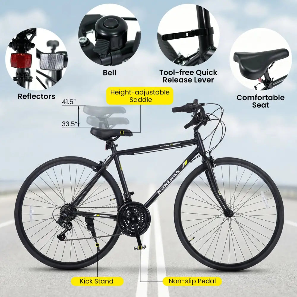 700C Hybrid Bike for Adult with 18-Speed Shimano Drivetrain and Phone Holder-Black - Black - Kids Bike