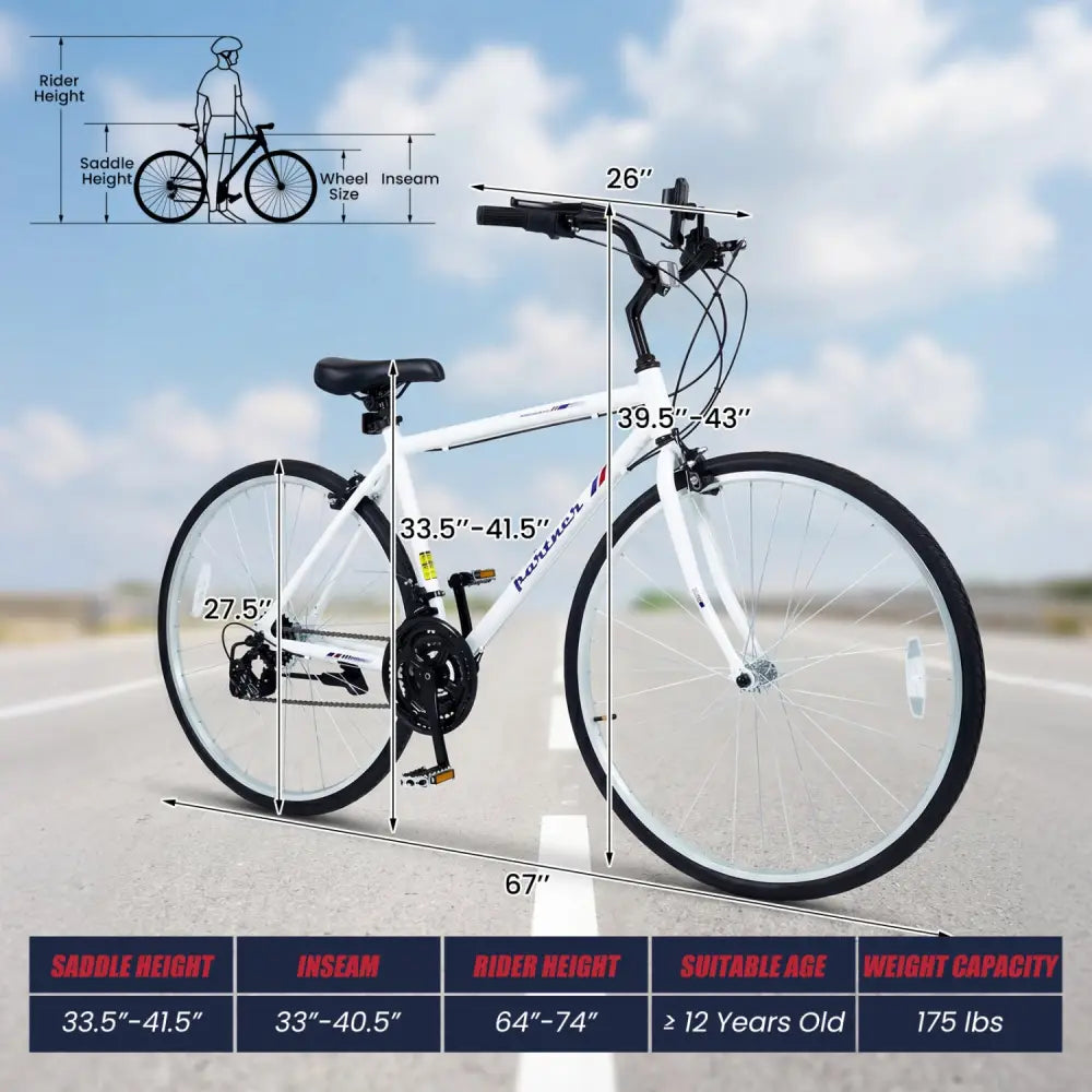 700C Hybrid Bike for Adult with 18-Speed Shimano Drivetrain and Phone Holder-White - White - Kids Bike