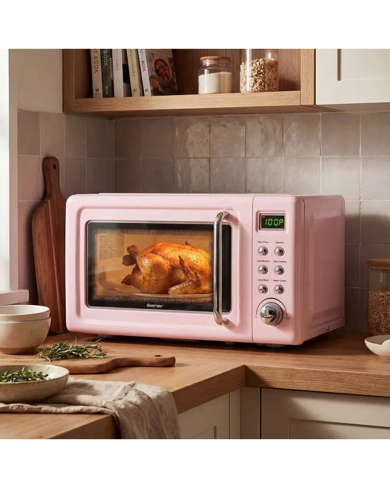 700W Retro Countertop Microwave Oven with 5 Micro Power and Auto Cooking Function-Pink - Pink - Toaster Ovens
