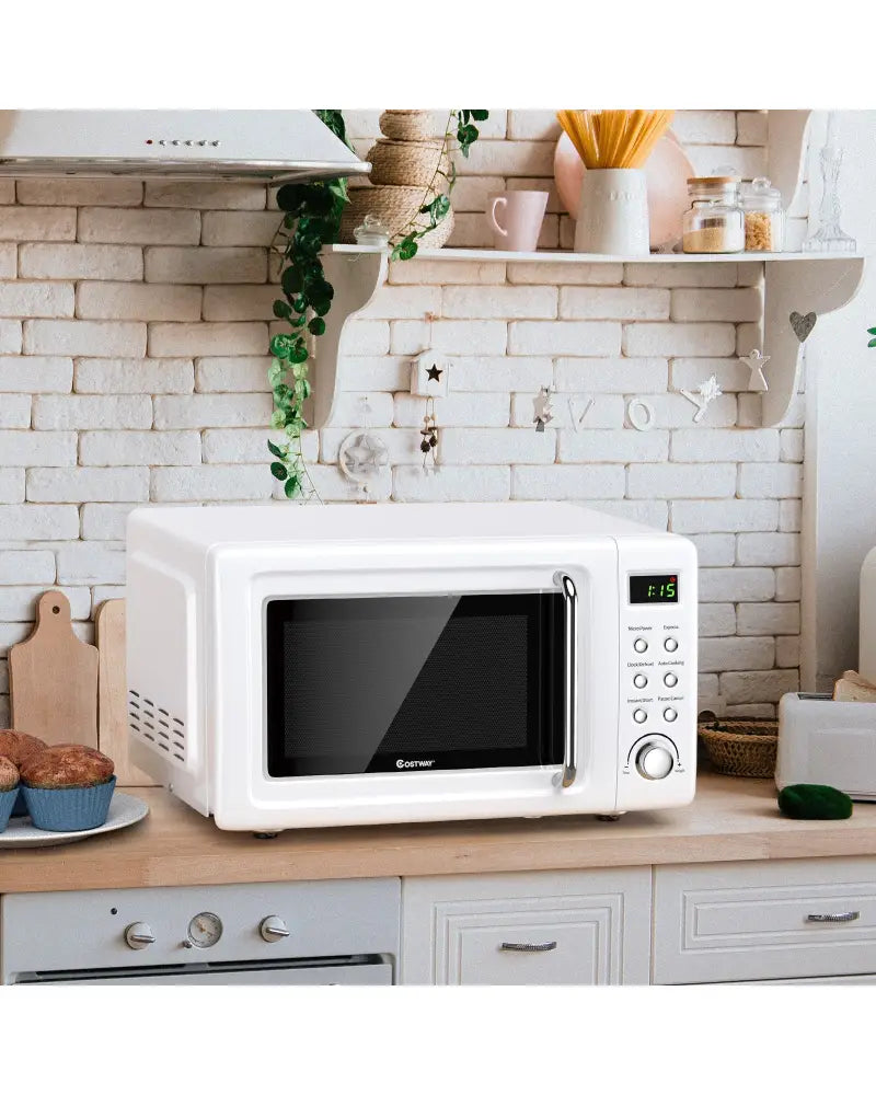 700W Retro Countertop Microwave Oven with 5 Micro Power and Auto Cooking Function-White - White - Toaster Ovens