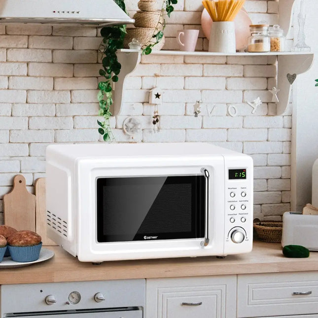700W Retro Countertop Microwave Oven with 5 Micro Power and Auto Cooking Function-White Costway