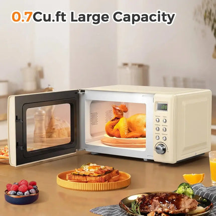 700W Retro Countertop Microwave Oven with 5 Micro Power and Auto Cooking Function-Cream White Costway