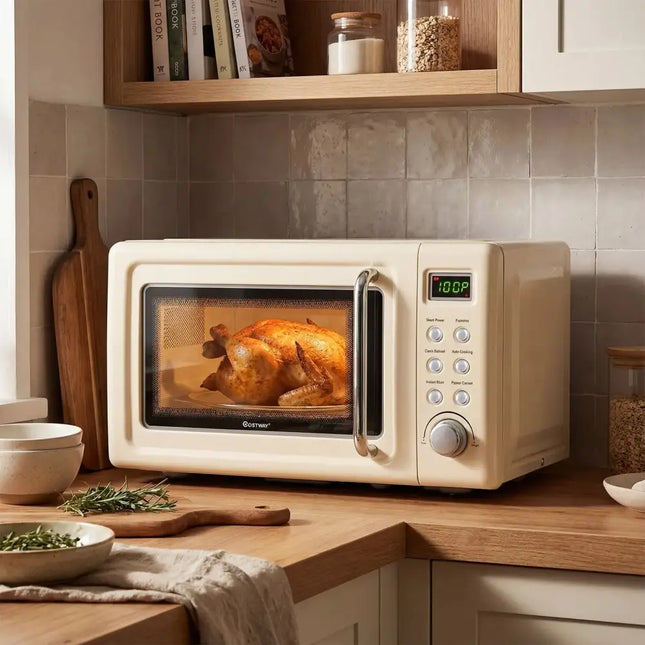 700W Retro Countertop Microwave Oven with 5 Micro Power and Auto Cooking Function-Cream White Costway