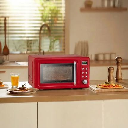 700W Retro Countertop Microwave Oven with 5 Micro Power and Auto Cooking Function-Light Red Costway
