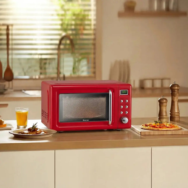 700W Retro Countertop Microwave Oven with 5 Micro Power and Auto Cooking Function-Light Red Costway