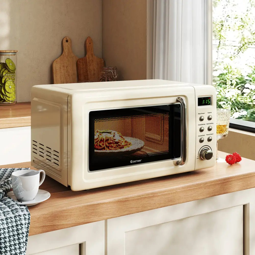 700W Retro Countertop Microwave Oven with 5 Micro Power and Auto Cooking Function-Cream White - Cream White - Toaster