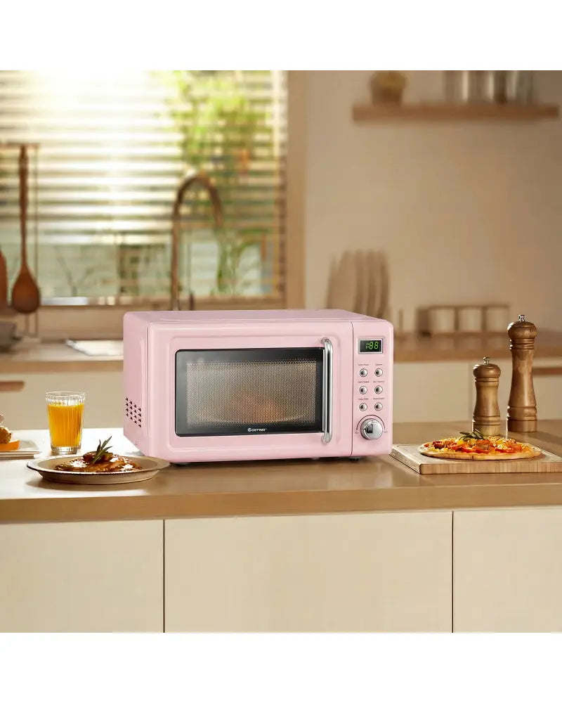 700W Retro Countertop Microwave Oven with 5 Micro Power and Auto Cooking Function-Pink - Pink - Toaster Ovens